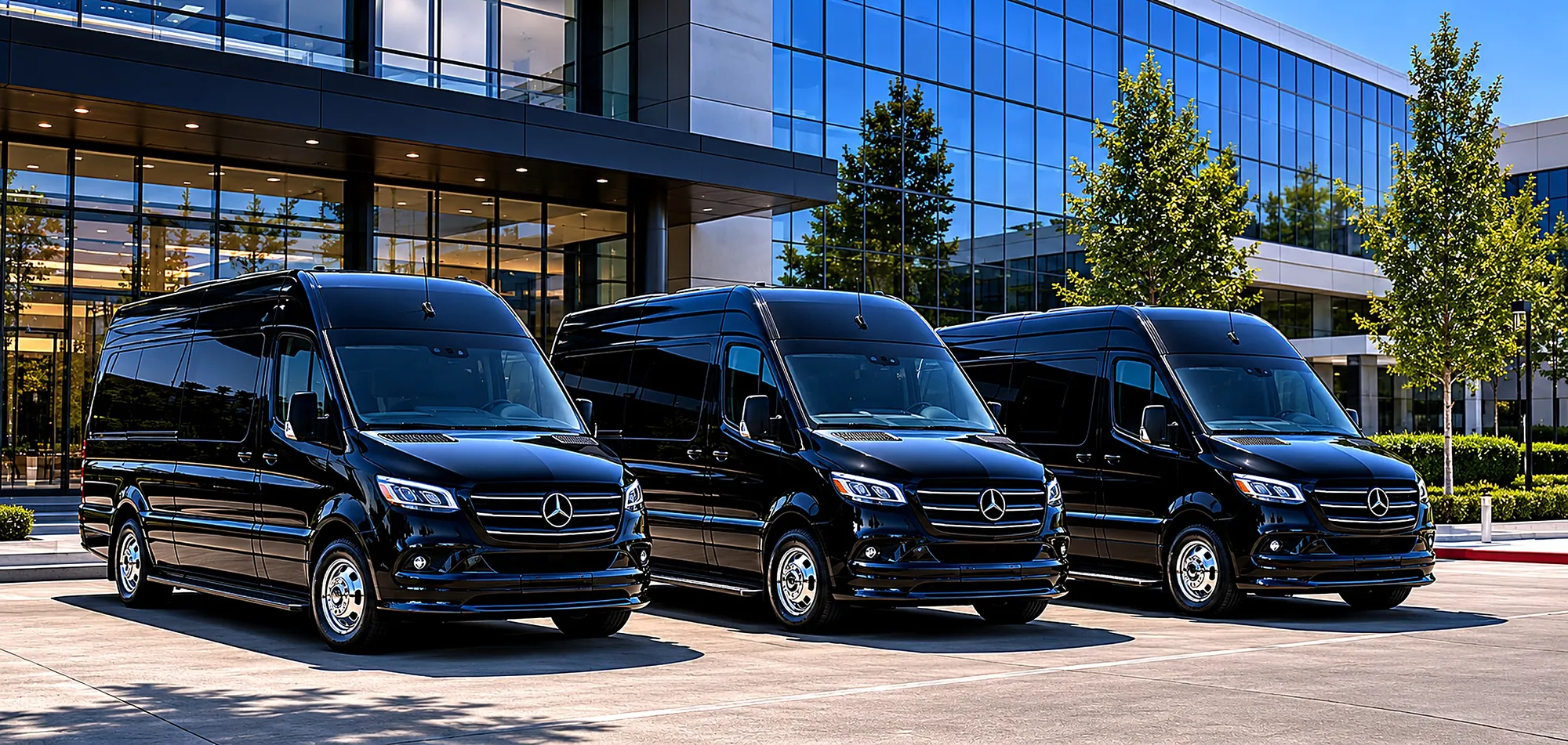 Fleet of black Mercedes-Benz Sprinter vans outside a corporate building